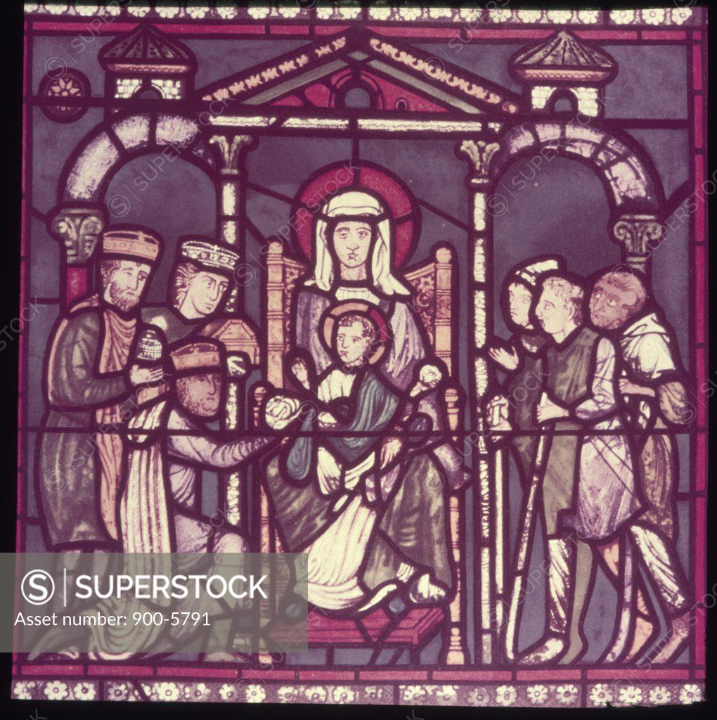 Stock Photo: 900-5791 The Nativity,  stained glass window,  France,  Chartres,  Chartres Cathedral,  12th Century