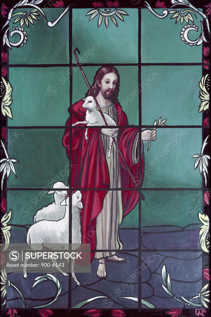 Stock Photo: 900-6143 Good Shepherd by Otto Munziger,  stained glass,  12th century,