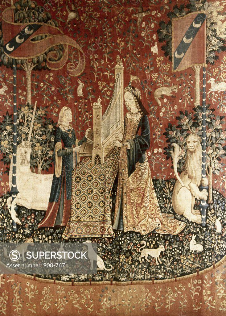 Stock Photo: 900-767 Lady & the Unicorn - Sense of Hearing 15th Century Tapestry (Flemish) Musee National du Moyen Age, Thermes & Hotel de Cluny, Paris, France