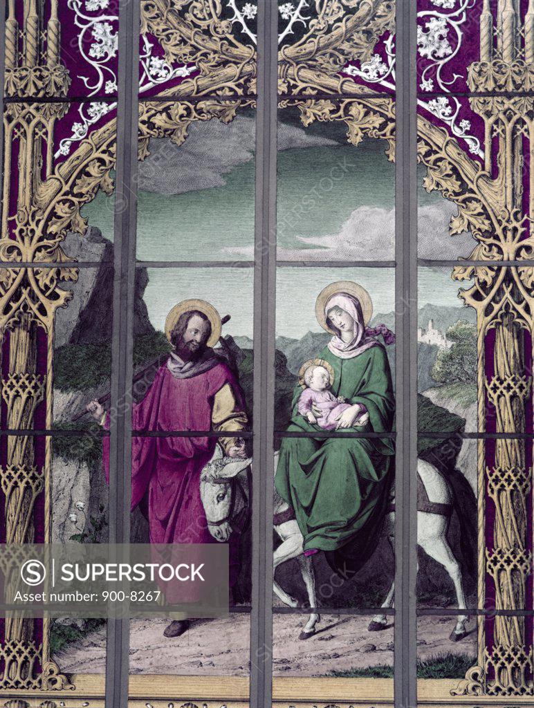 Stock Photo: 900-8267 Flight Into Egypt,  The 19th C. , 19th C. , German School, Stained Glass