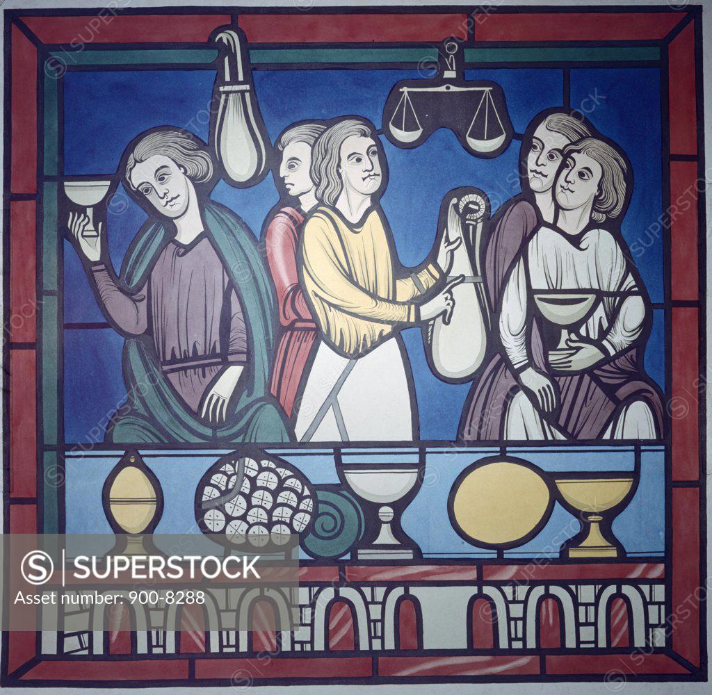 Stock Photo: 900-8288 The Money Changers,  stained glass window