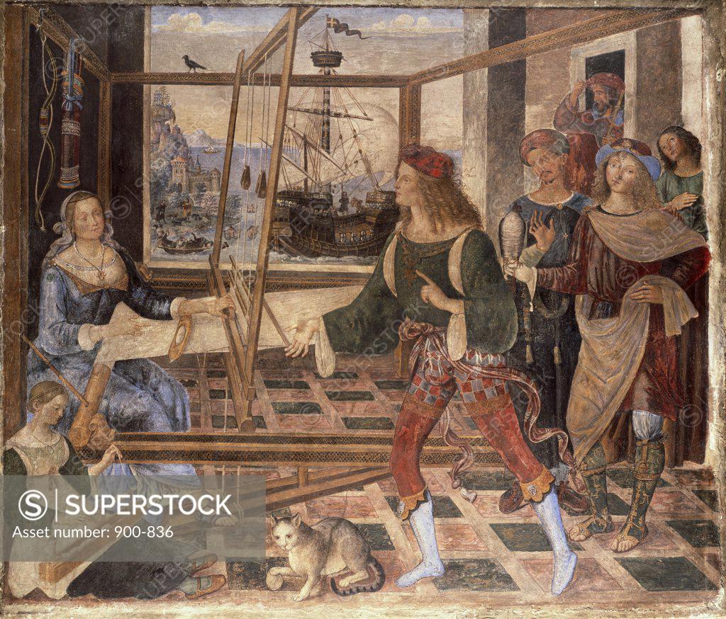 Stock Photo: 900-836 Return of Ulysses to Penelope: From "The Odyssey" C.1509 Pintoricchio (c.1454-1513 Italian) Fresco National Gallery, London, England