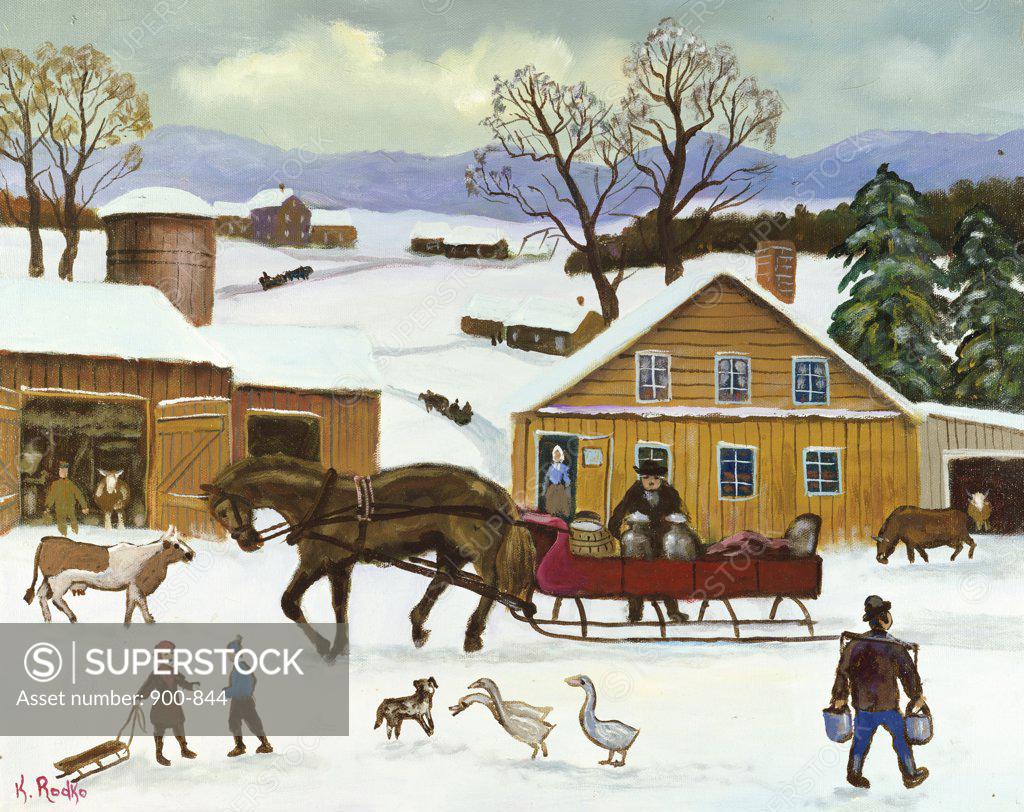 Stock Photo: 900-844 Farmyard in the Snow 1990 Konstantin Rodko (1908-1995/Russian) Oil on canvas