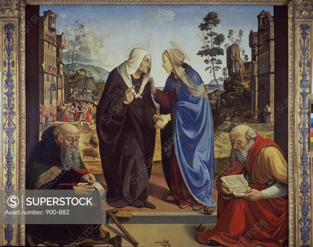 Stock Photo: 900-882 Visitation with St. Nicholas & St. Anthony Abbot  C.1490 Piero di Cosimo (1462-1521 Italian) Oil on wood panel National Gallery of Art, Washington, D.C., USA