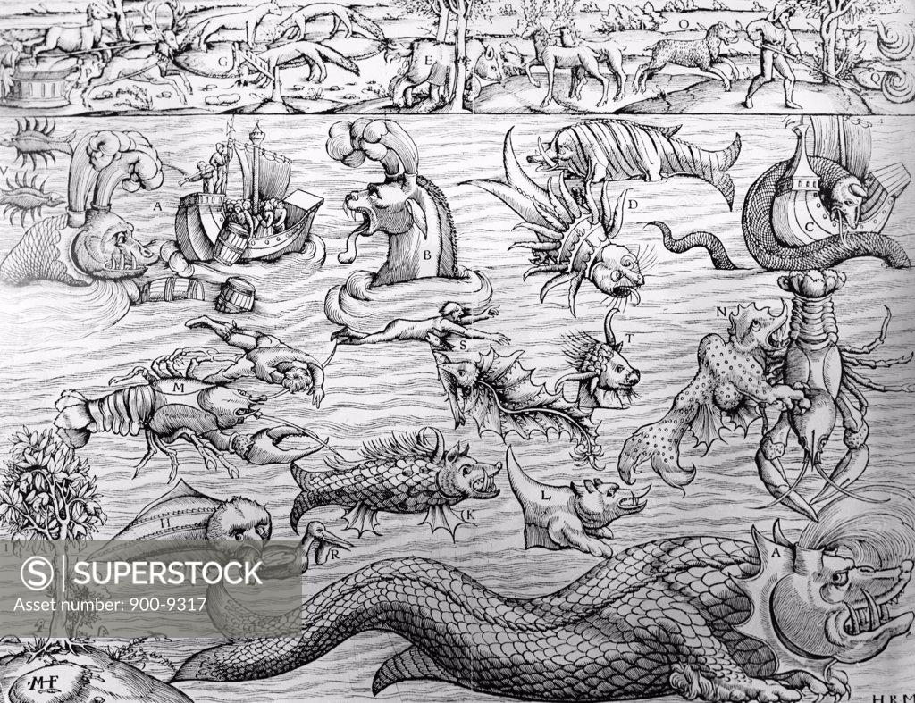 Stock Photo: 900-9317 Food for Fear, Sea Serpents to Hell Bombs, Mythological Creatures by unknown painter, Artist Unknown