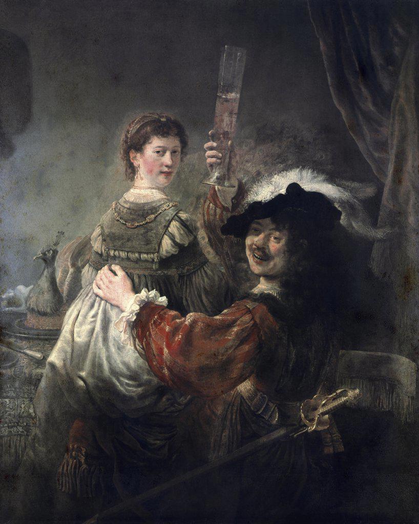 Prodigal Son in the Tavern (Rembrandt & Saskia) ca. 1635 Rembrandt Harmensz van Rijn (1606-1669 Dutch)  Oil on canvas Staatliche Kunstsammlungen, (Gemaldegalerie Alte Meister), Dresden, Germany 