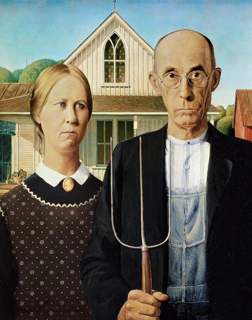 American Gothic by Grant Wood, oil on canvas, 1930, 1892-1942, USA, Illinois, Art Institute of Chicago
