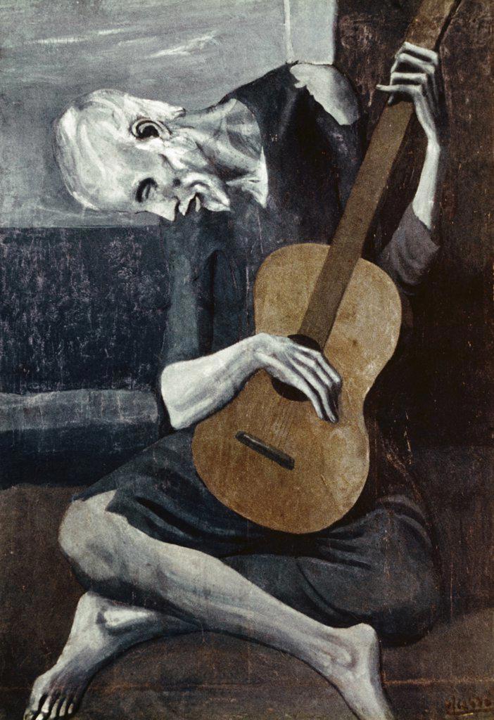The Old Guitarist by Pablo Picasso Oil on wood panel, 1903, 1881-1973, USA, Illinois, Chicago, Art Institute of Chicago