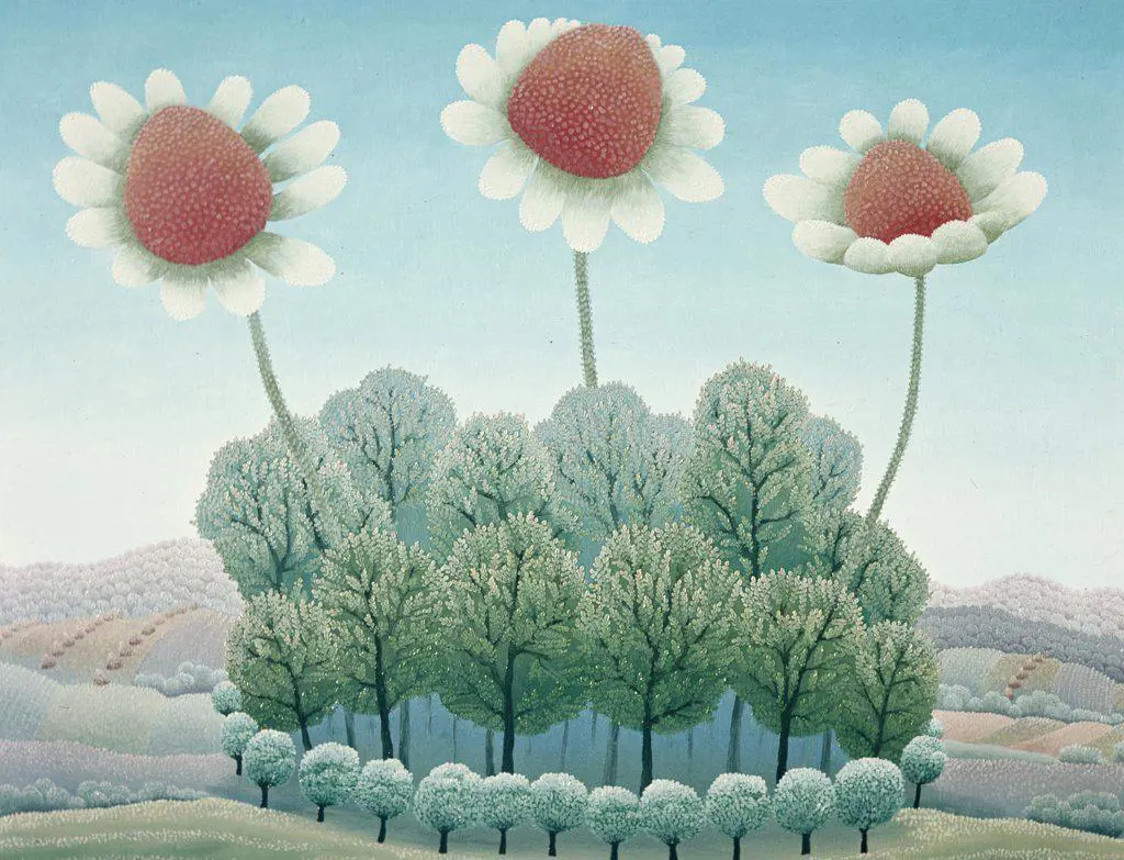 Three Giant Daisies Among Trees by Ivan Rabuzin,  painting