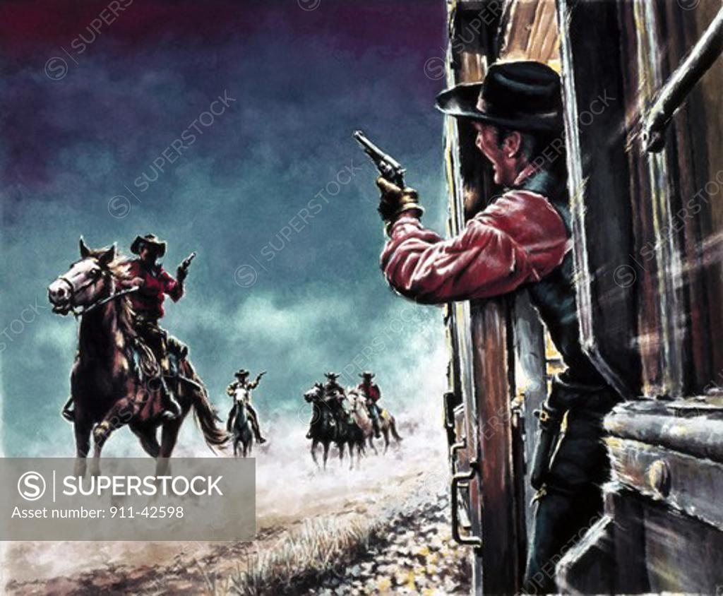 Stock Photo: 911-42598 Cowboys having a gun duel