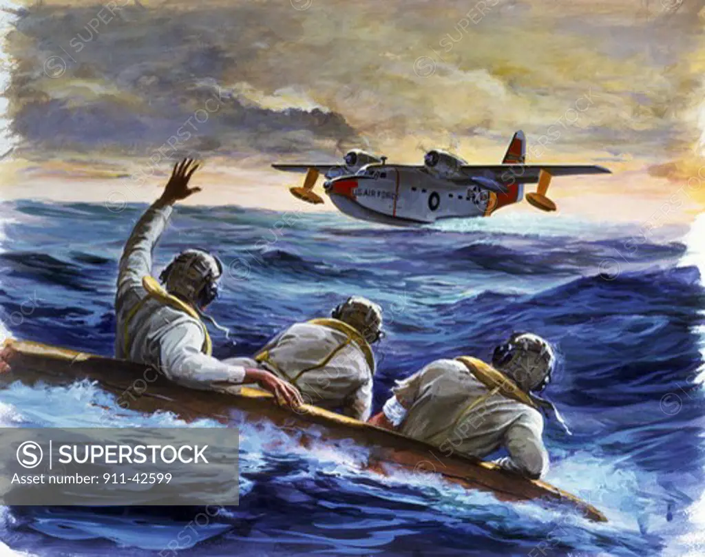 Three men looking at an airplane flying over the sea