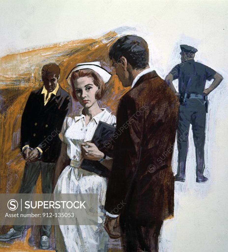 Stock Photo: 912-135053 Man talking with female nurse, policeman in the background, illustration
