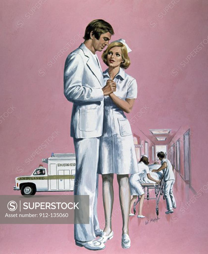 Stock Photo: 912-135060 Female nurse and man standing together and holding hands, ambulance and hospital in the background, illustration