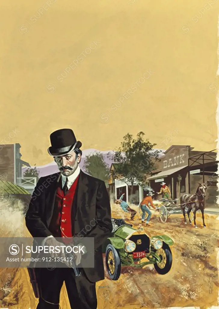 Painting of man with gun standing in street of small Western town