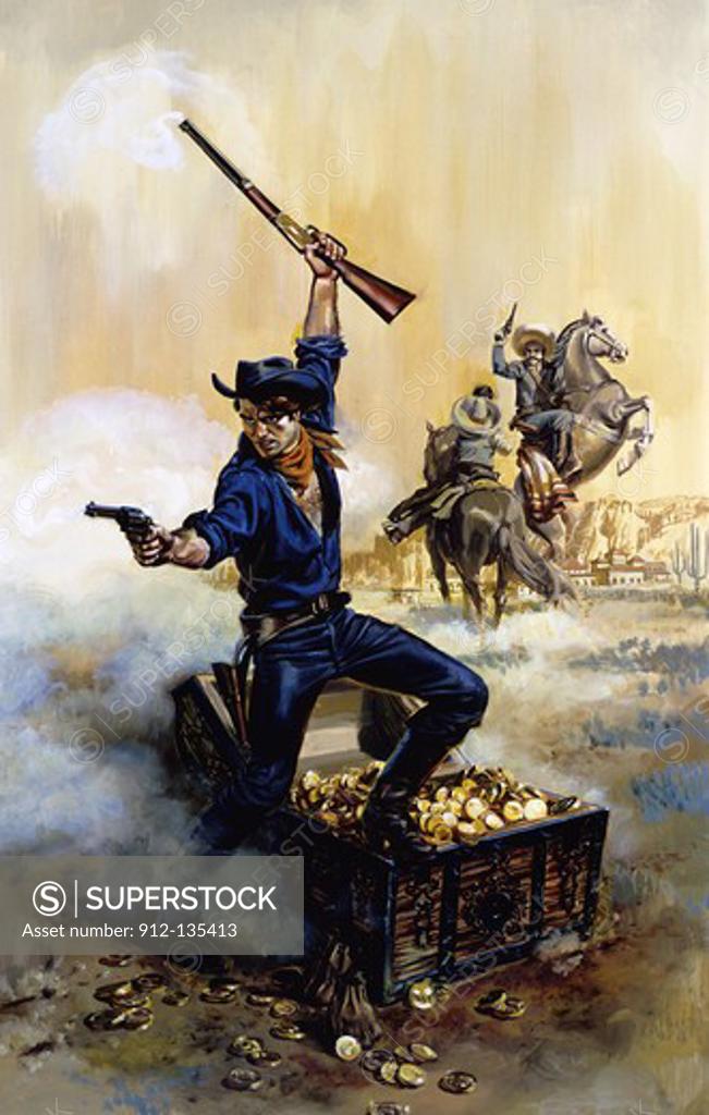 Stock Photo: 912-135413 Painting of man shooting guns to protect chest of gold coins