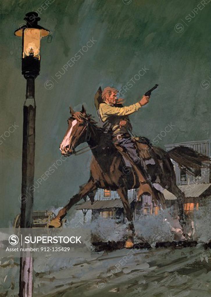Stock Photo: 912-135429 Cowboy riding on horse and shooting, illustration