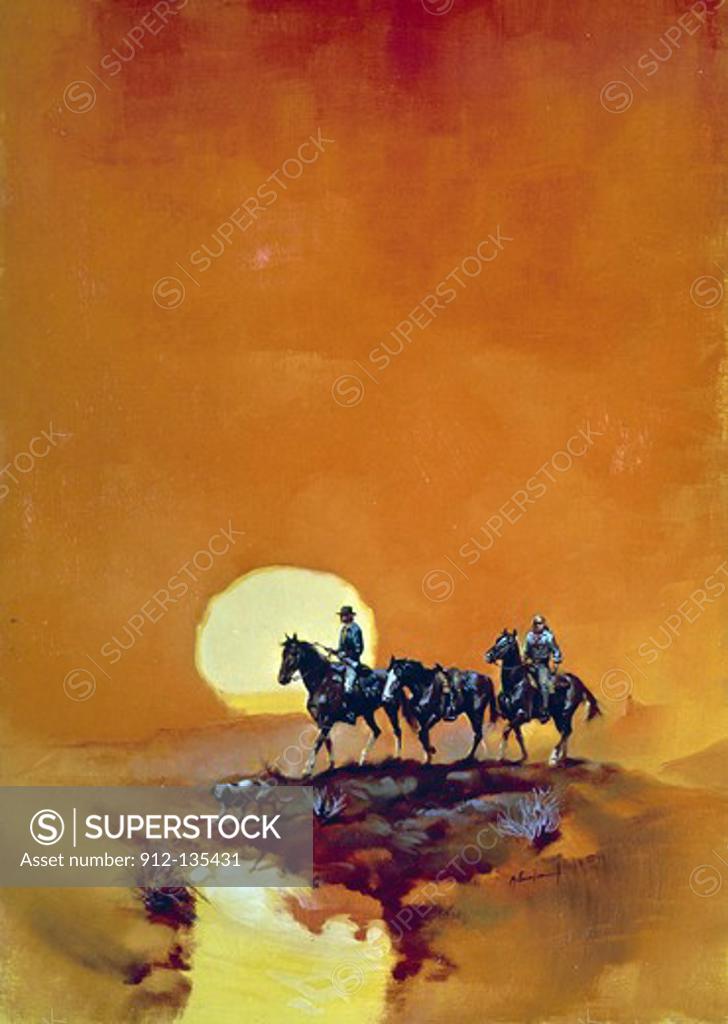 Stock Photo: 912-135431 Painting of cowboys at sunset,