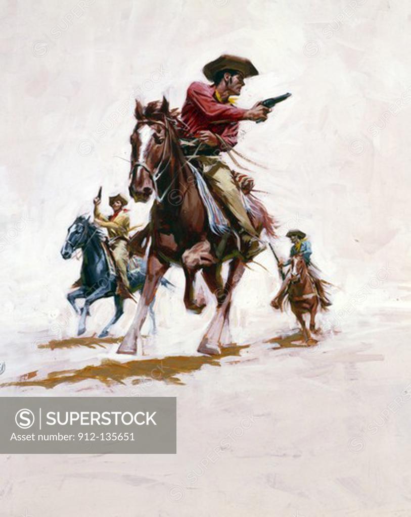 Stock Photo: 912-135651 Painting of cowboys riding horses and shooting