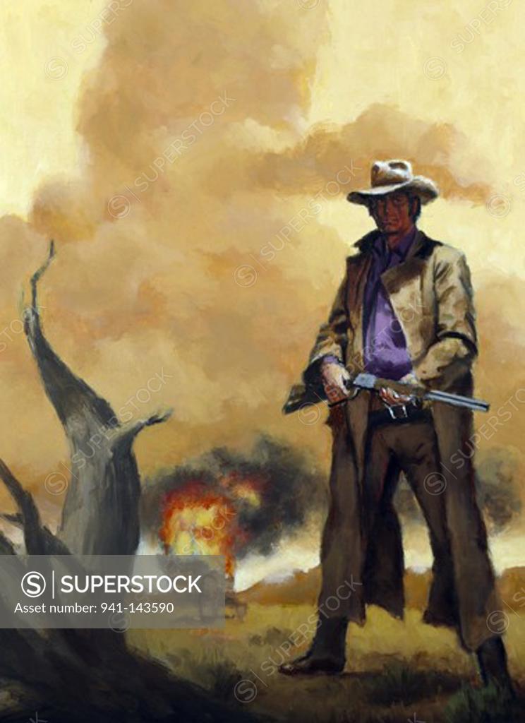 Stock Photo: 941-143590 Cowboy shooting with a shotgun