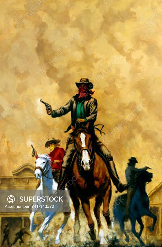Stock Photo: 941-143592 Men riding horses and shooting guns, oil painting