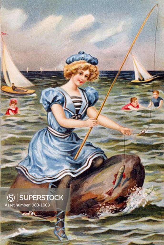 Stock Photo: 980-1003 Woman Fishing, Nostalgia Cards