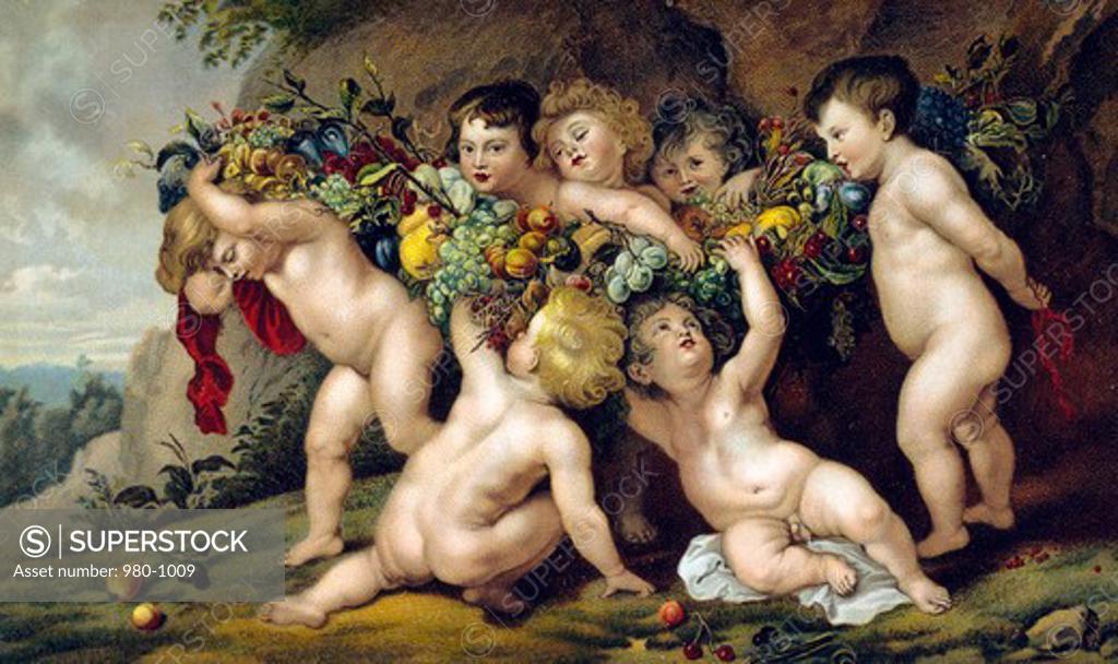 Stock Photo: 980-1009 Der Fruchtekranz by Peter Paul Rubens, lithograph, (1577-1640)