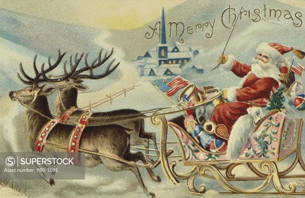 Stock Photo: 980-1091 Santa in his Sleigh Nostalgia Cards  Illustration