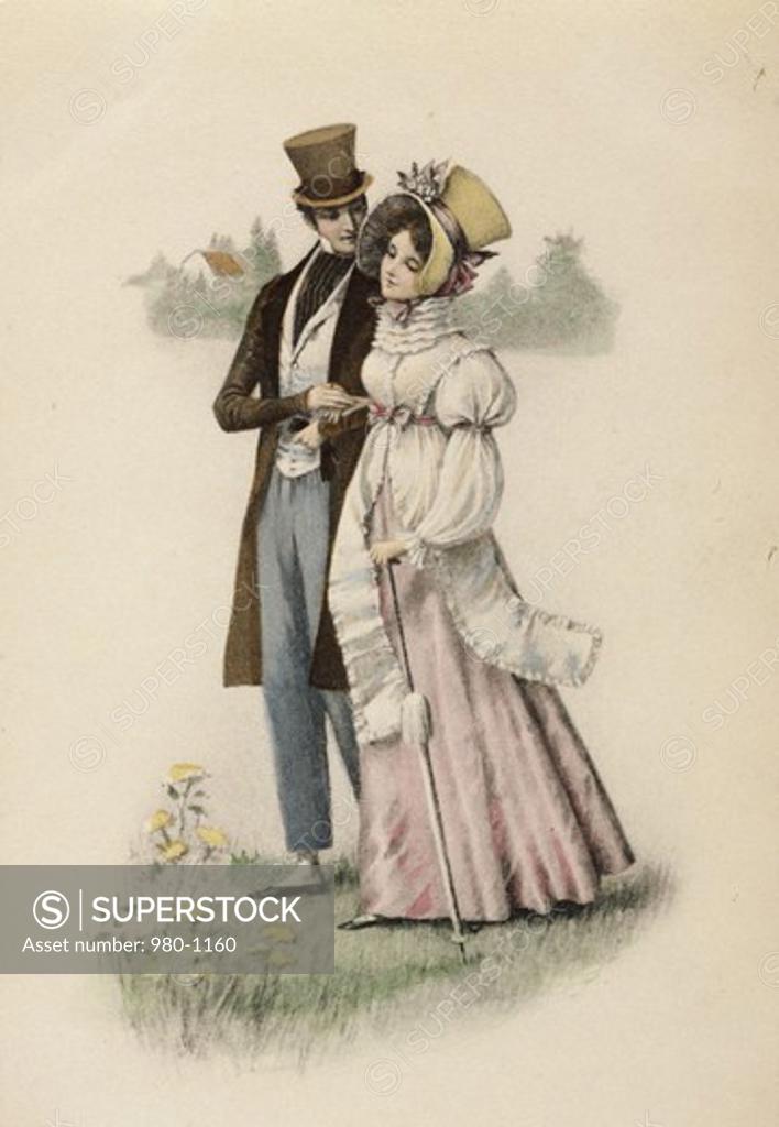 Stock Photo: 980-1160 Couple Taking a Stroll c. 1900 Nostalgia Cards Color lithograph