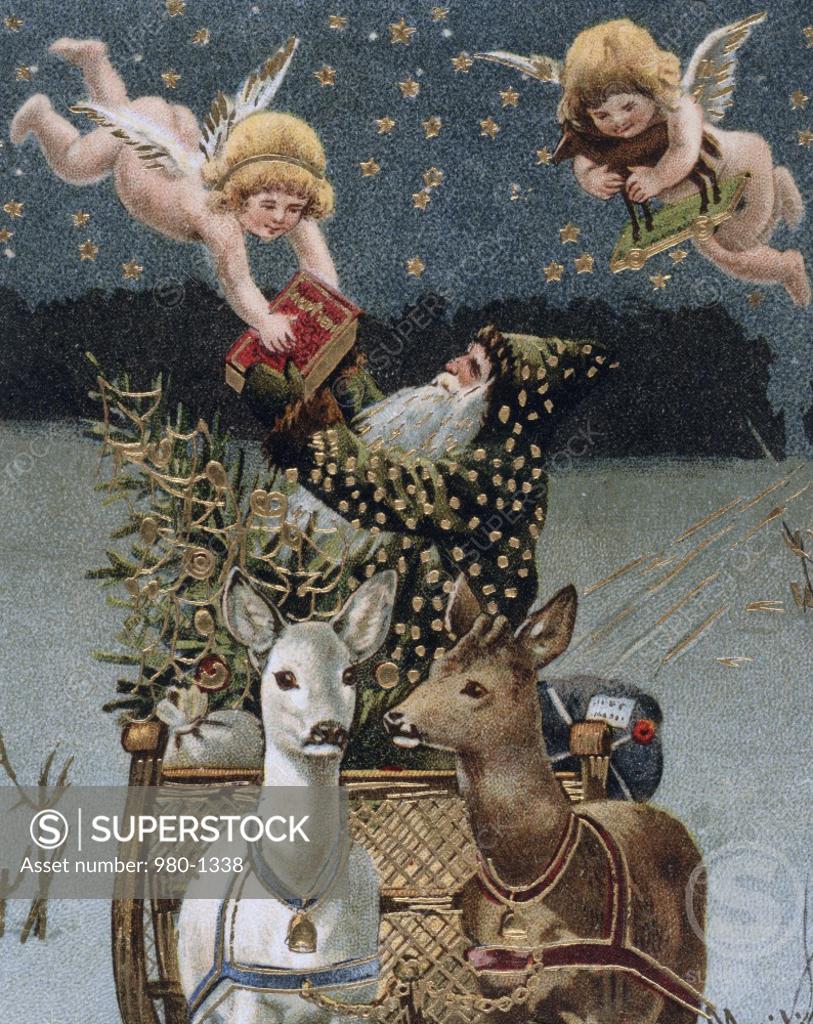 Stock Photo: 980-1338 Santa with Two Angels and His Sleigh Nostalgia Cards