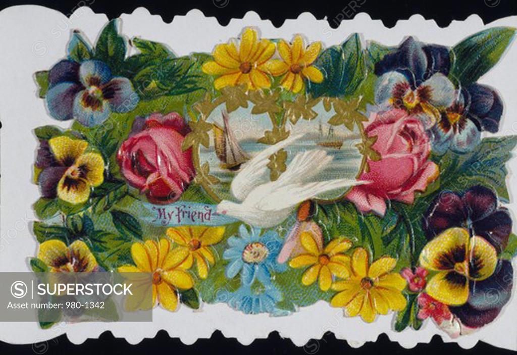 Stock Photo: 980-1342 My Friend, (Dove Surrounded by Flowers), Nostalgia Cards,