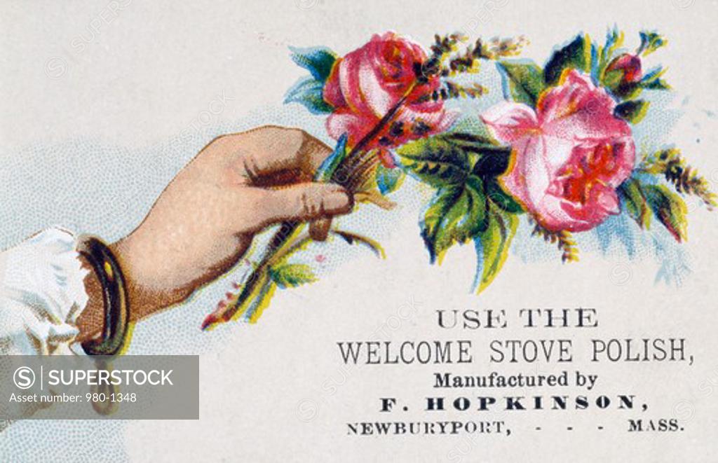 Stock Photo: 980-1348 Hand Holding Flowers-Welcome Stove Polish, Nostalgia Cards