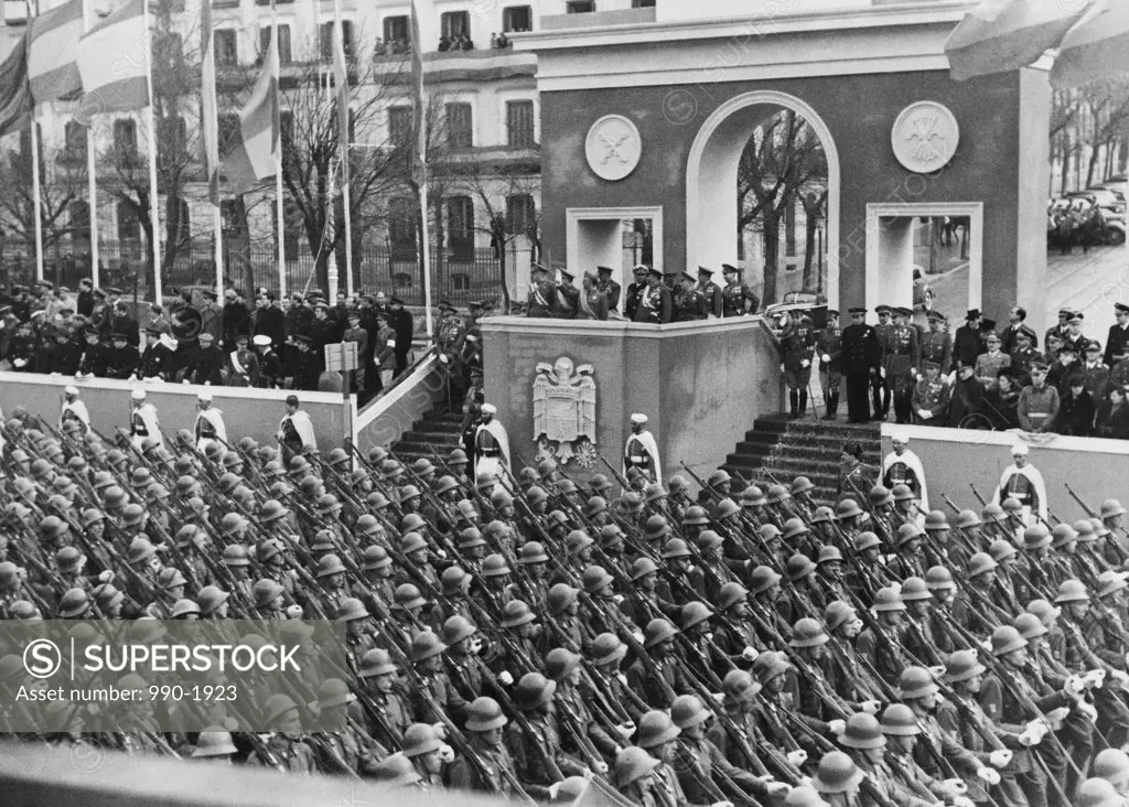 Francisco Franco on platform overlooking military parade, Second anniversary of the Dia de la Victoria, Madrid, Spain, April 1, 1941