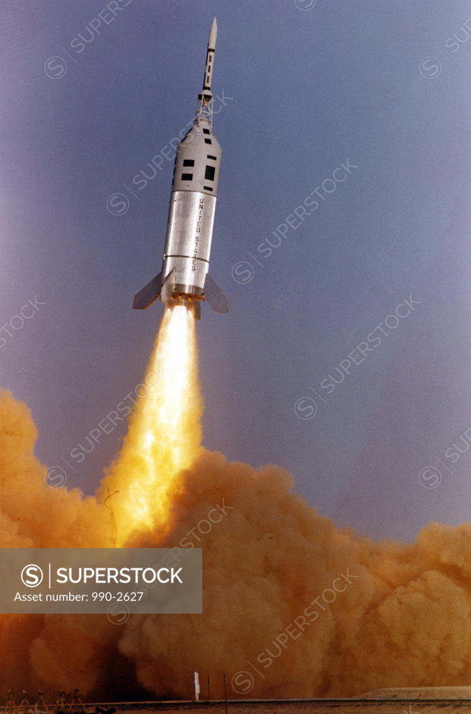 Stock Photo: 990-2627 USA, New Mexico, White Sands Missile Range, low angle view of a rocket taking off, Little Joe II