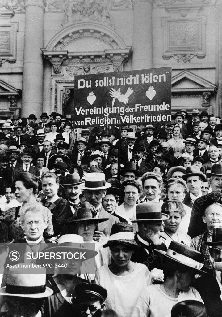 Stock Photo: 990-3440 German Pacifists, Demonstration of the Association of Friends of Religion and Peace Among Nations, Sign reads: Thou Shalt Not Kill, Post World War I