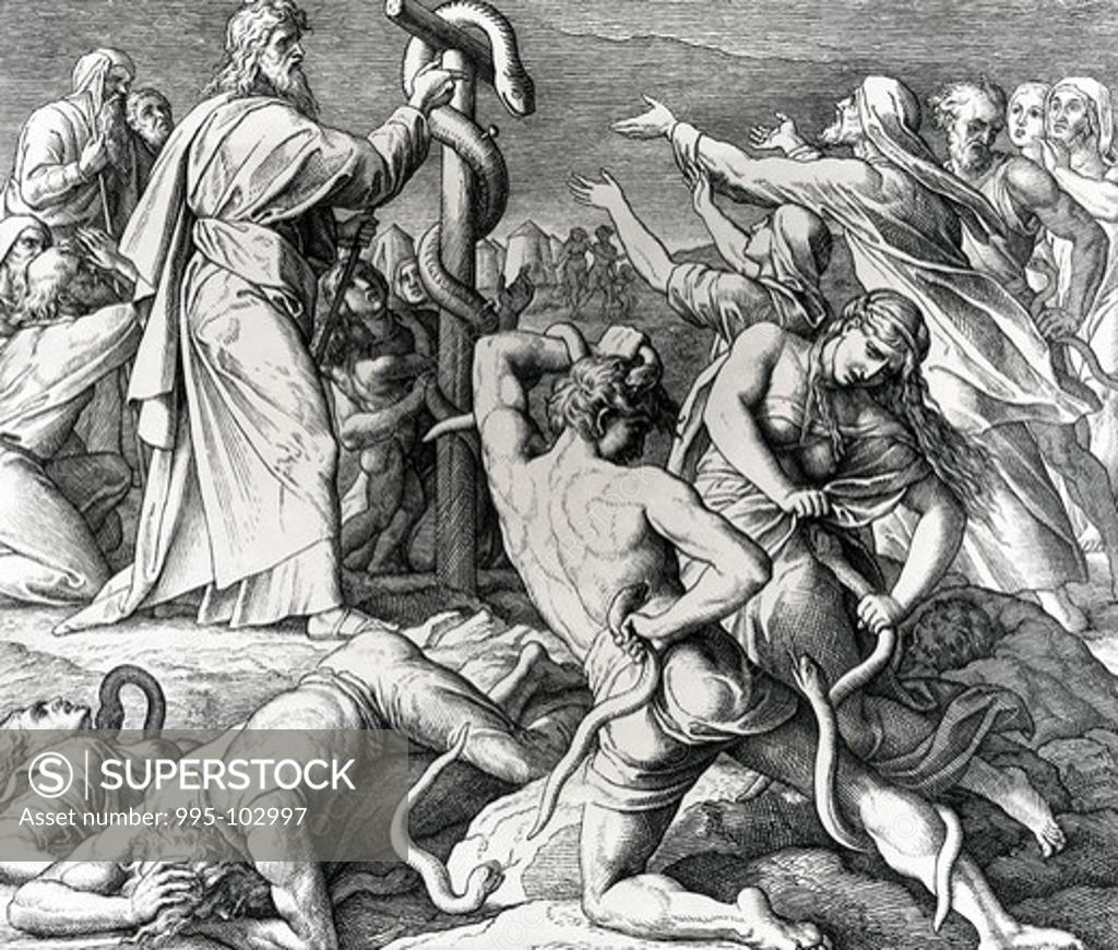 Stock Photo: 995-102997 Moses Heals Afflicted Israelites with Brazen Serpent by Julius Schnorr von Carolsfeld, illustration, (1794-1872)