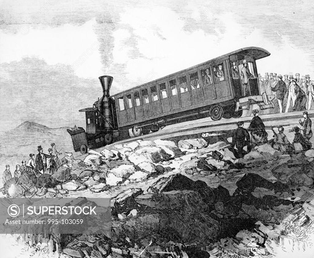 Stock Photo: 995-103059 President Grant's White Mountain Trip, Arrival at the Summit on Cog-Railway by unknown artist, print, 1869