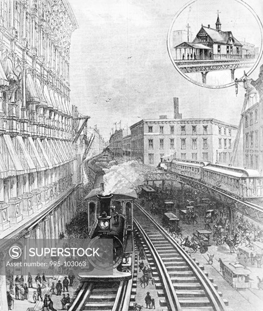 Stock Photo: 995-103063 The First Steam-Driven L Trains Passing over Franklin Square by unknown artist, print, 1878