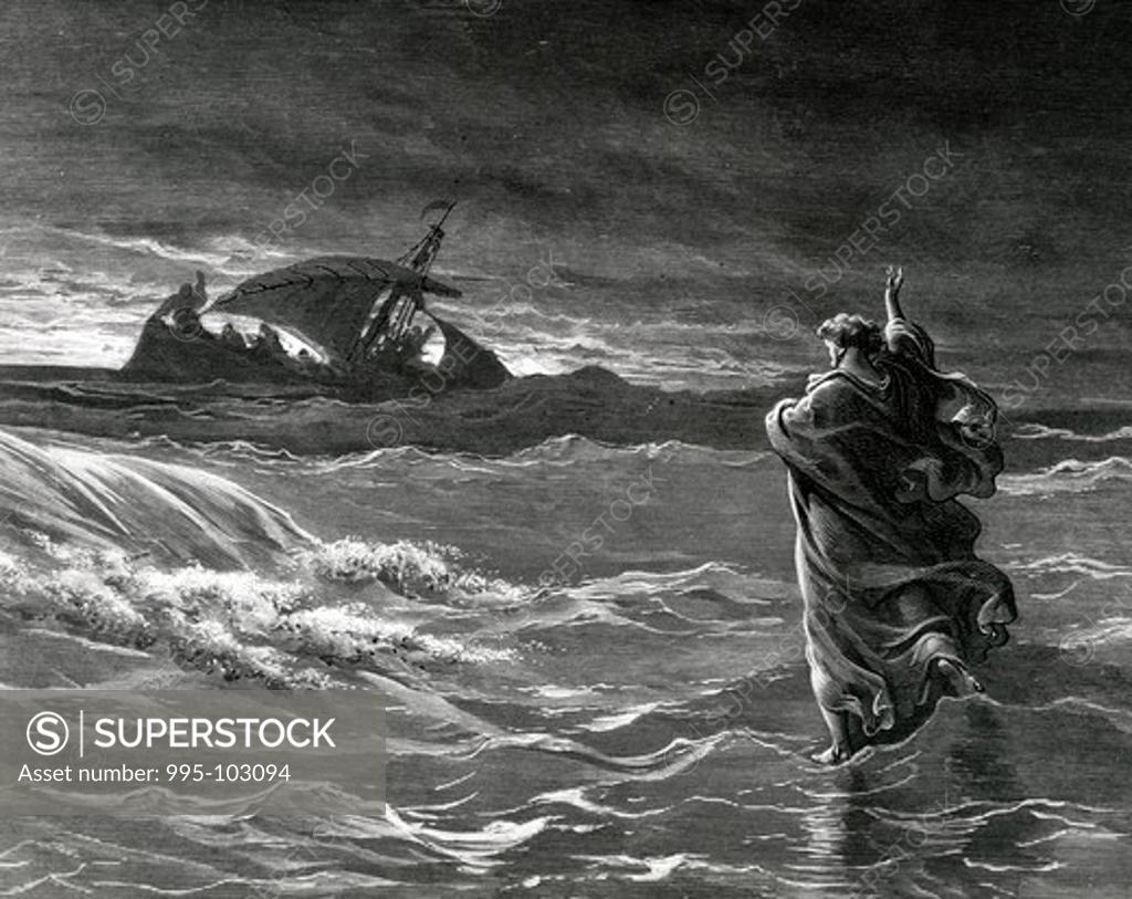 Stock Photo: 995-103094 Christ Stilling Tempest, Gustave Dore (1832-1883 French), engraving, (1832-1883)