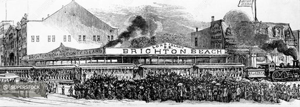 Stock Photo: 995-103111 Crowds Rushing to the Trains Bound for Brighton Beach, ca. 1880 Artist Unknown