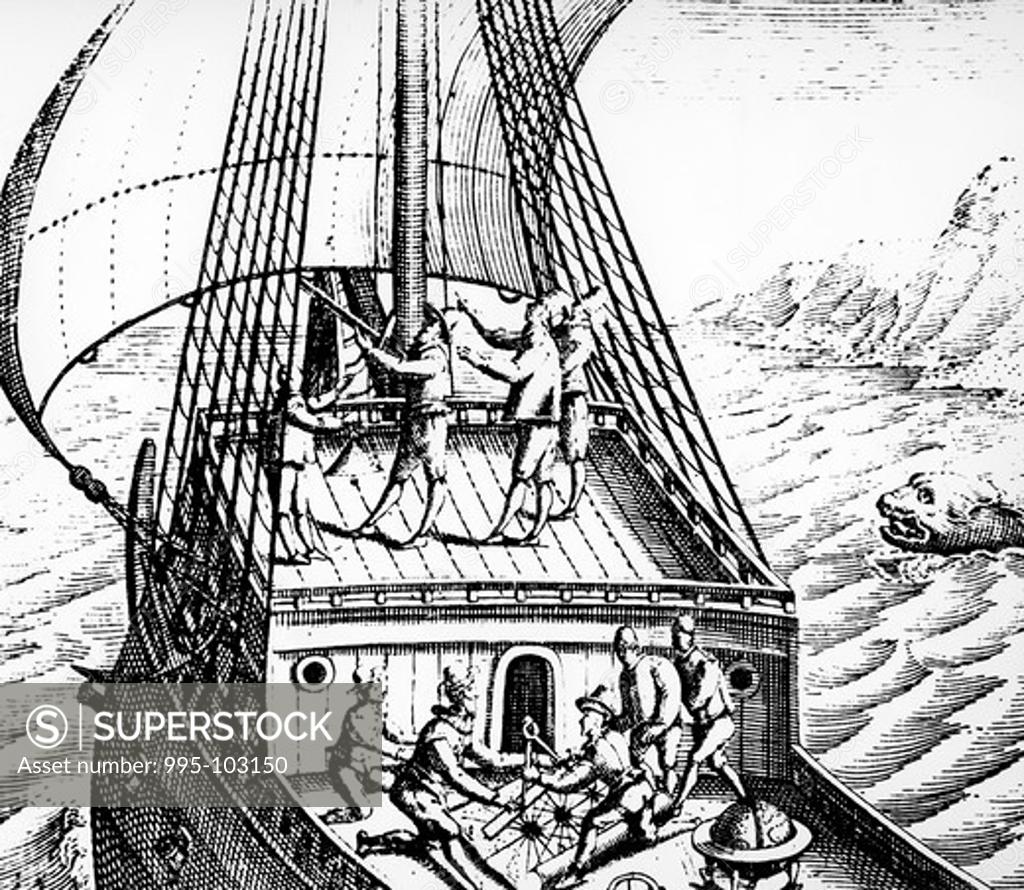 Stock Photo: 995-103150 Using Cross Staff to Navigate Seas by unknown artist