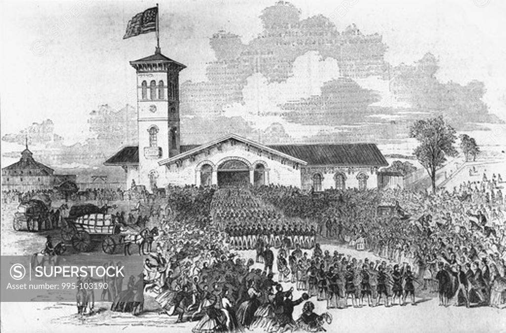 Stock Photo: 995-103190 The Union Railroad Depot: Arrival of the New York 71 Regiment Artist Unknown