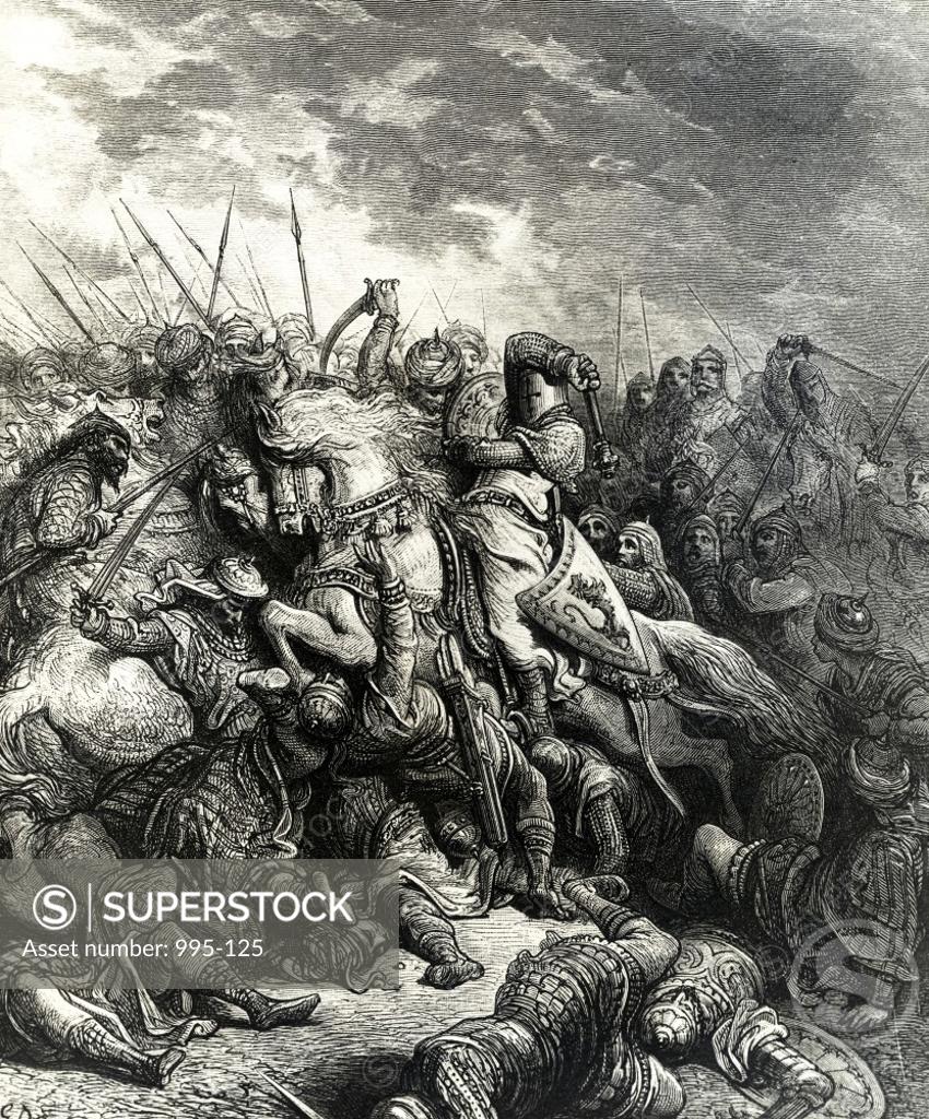 Stock Photo: 995-125 Battle of Acre 1191-Richard I and Saladin in Battle Gustave Dore (1832-1883 French)