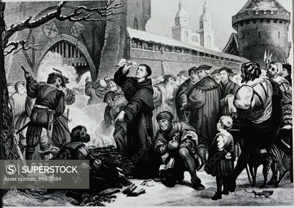 Stock Photo: 995-3584 Highlights of the Life of Martin Luther: The Burning of the Bull, 1520 Pierre Antoine Labouchere (1807-1873/French) 