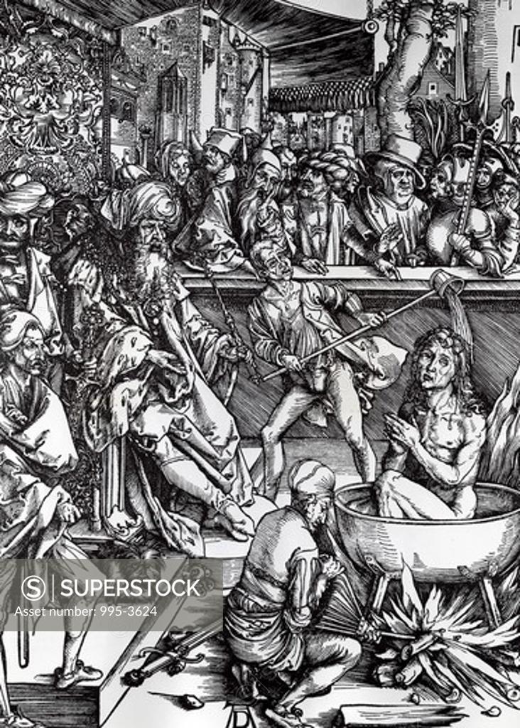 Stock Photo: 995-3624 Martyrdom of St. John Evangelist by Albrecht Durer, engraving, (1471-1528)