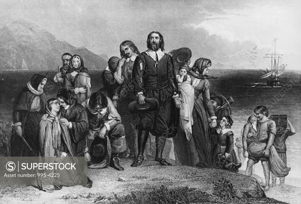 Stock Photo: 995-4225 The First Landing of the Pilgrims 1620 American History