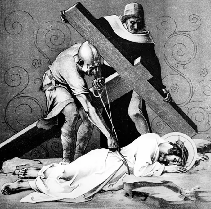 Jesus Falls the Third Time (9th station of the Cross) by Martin Ritter von Feuerstein, oil painting, circa 1898, 1856 - 1931, Germany, Munich, Saint Anna Church