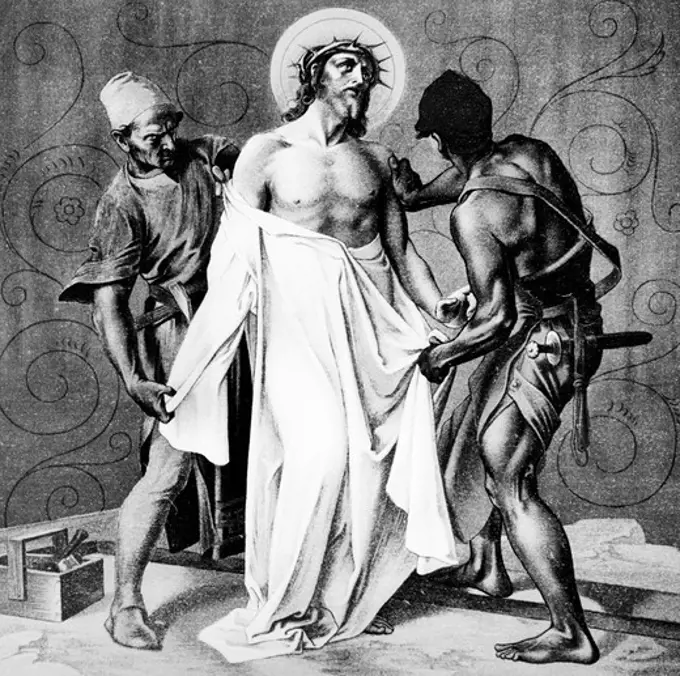 Jesus is Stripped of His Garments (10th station of the Cross) by Martin Ritter von Feuerstein, oil painting, circa 1898, 1856 - 1931, Germany, Munich, Saint Anna Church