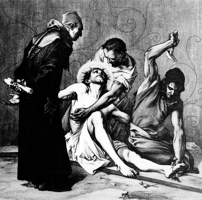 Jesus is Nailed to the Cross (11th station of the Cross) by Martin Ritter von Feuerstein, oil painting, circa 1898, 1856 - 1931, Germany, Munich, Saint Anna Church