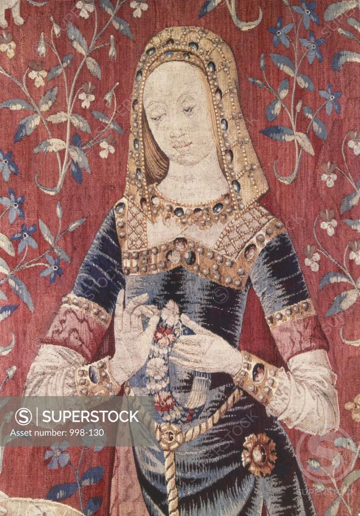 Stock Photo: 998-130 Lady and the Unicorn - Sense of Smell (Detail) 15th Century Tapestry (Flemish) Musee National du Moyen Age, Thermes & Hotel de Cluny, Paris, France 